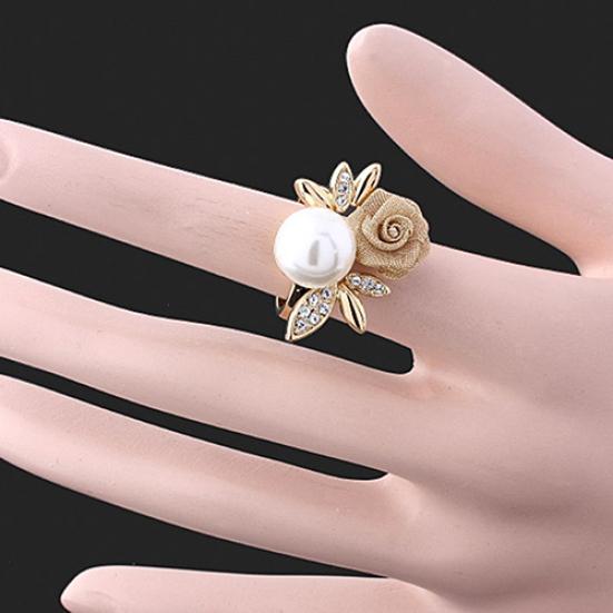Women's Fashion Rose Faux Pearl Clear Crystal 9K Gold Plated Ring Party Jewelry