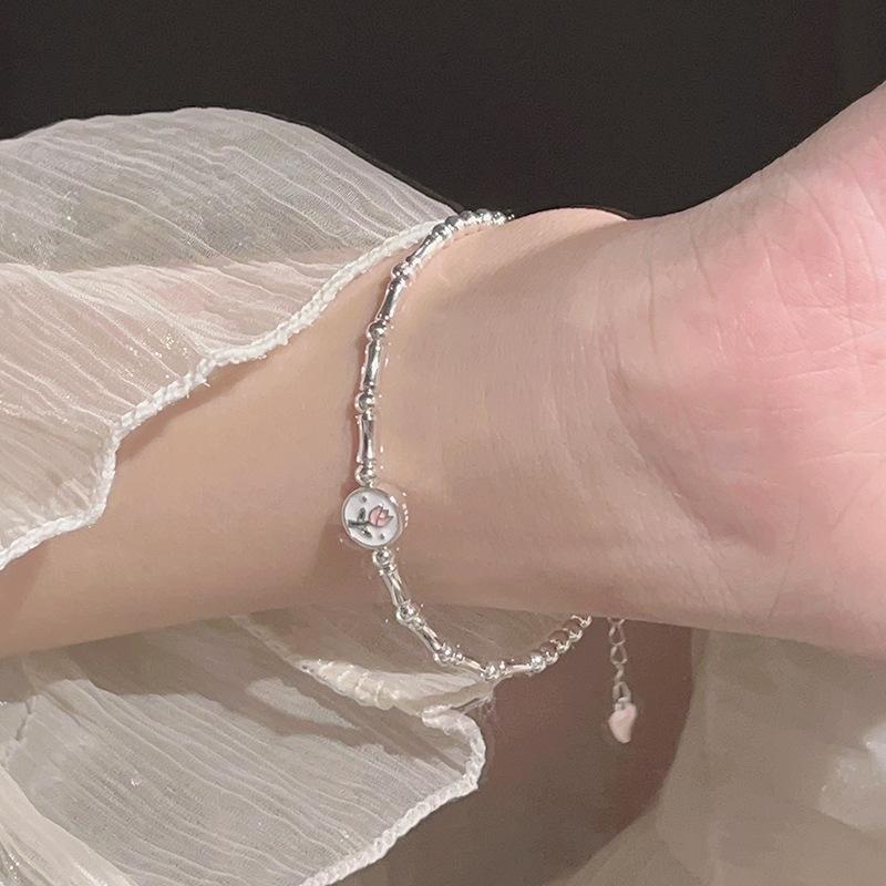 925 Sterling Silver Dripping Glaze Round Bead Tulip Bracelet For Women Flowers Temperament Jewelry Party