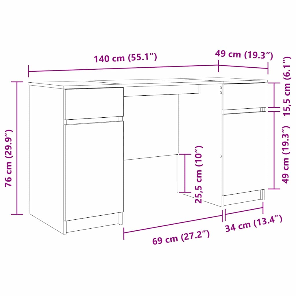 Desk with Door Grey Sonoma 140 x 49 x 76 cm Engineered Wood