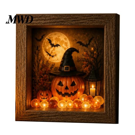 Wood Glass Picture Frame Halloween Shadow Box DIY Lighted Craft Kit, Wooden Night Light with Gothic Style Lamp Sea Stones, LED Memory Display Case for