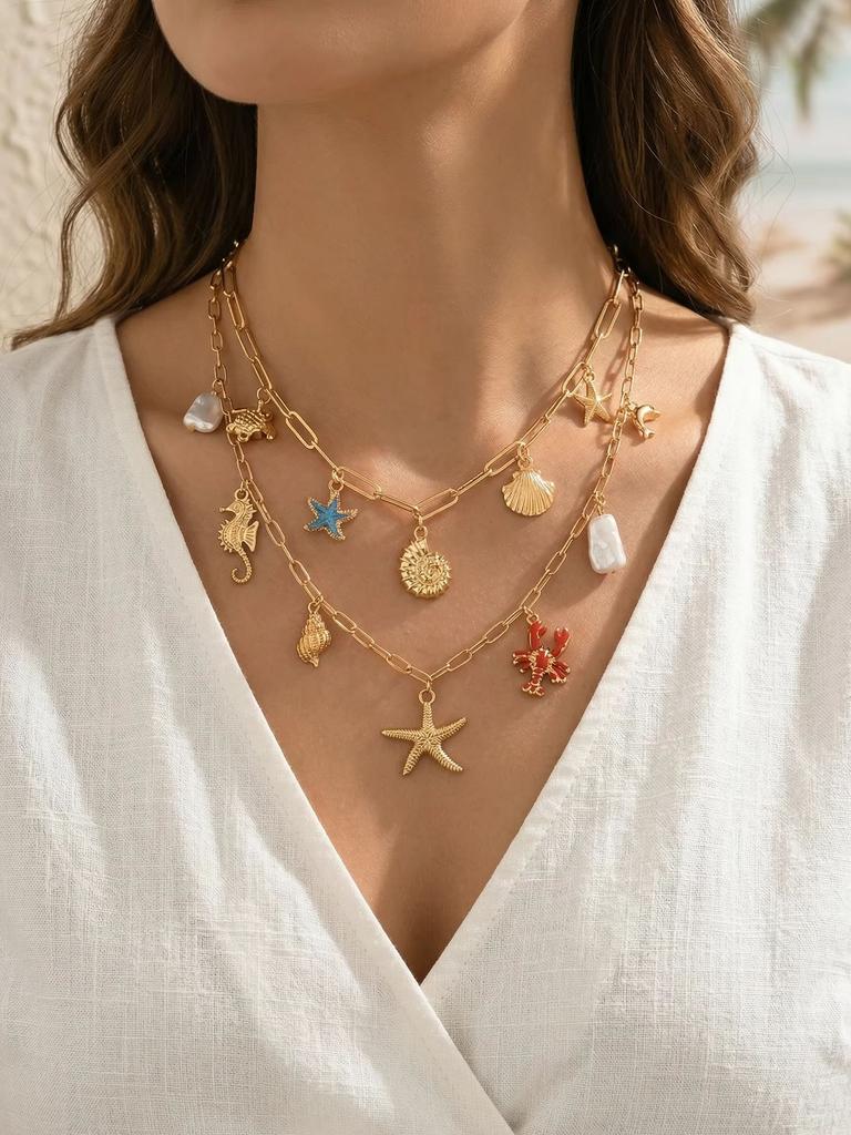 Boho Layered Ocean Charm Necklace Set Paperclip Chain Starfish Shell Seahorse Lobster Faux Pearl Summer Beach Jewelry for Women