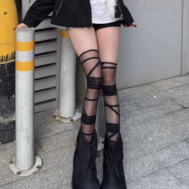Young Girls Irregular Lines Stockings Transparent Black Socks Show Off Legs Fashion Stockings For Women Lenceria Medias