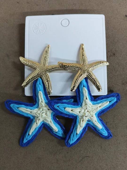 Blue Straw Woven Earrings for Women, Beach Vacation Bohemian Statement Ear Jewelry