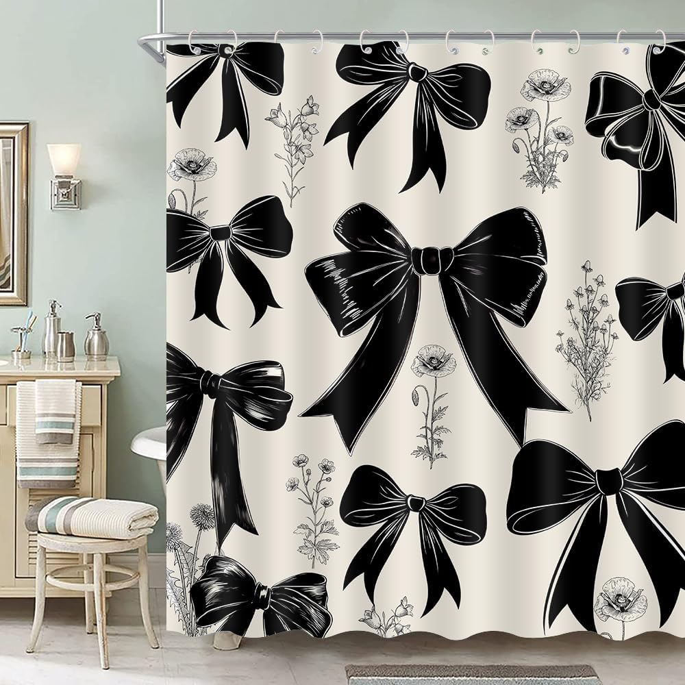 Black Bow Coquette Shower Curtain Girls Vintage Bowknot Retro Floral Wildflower Girly Fashion Elegant Plant Bathroom Set
