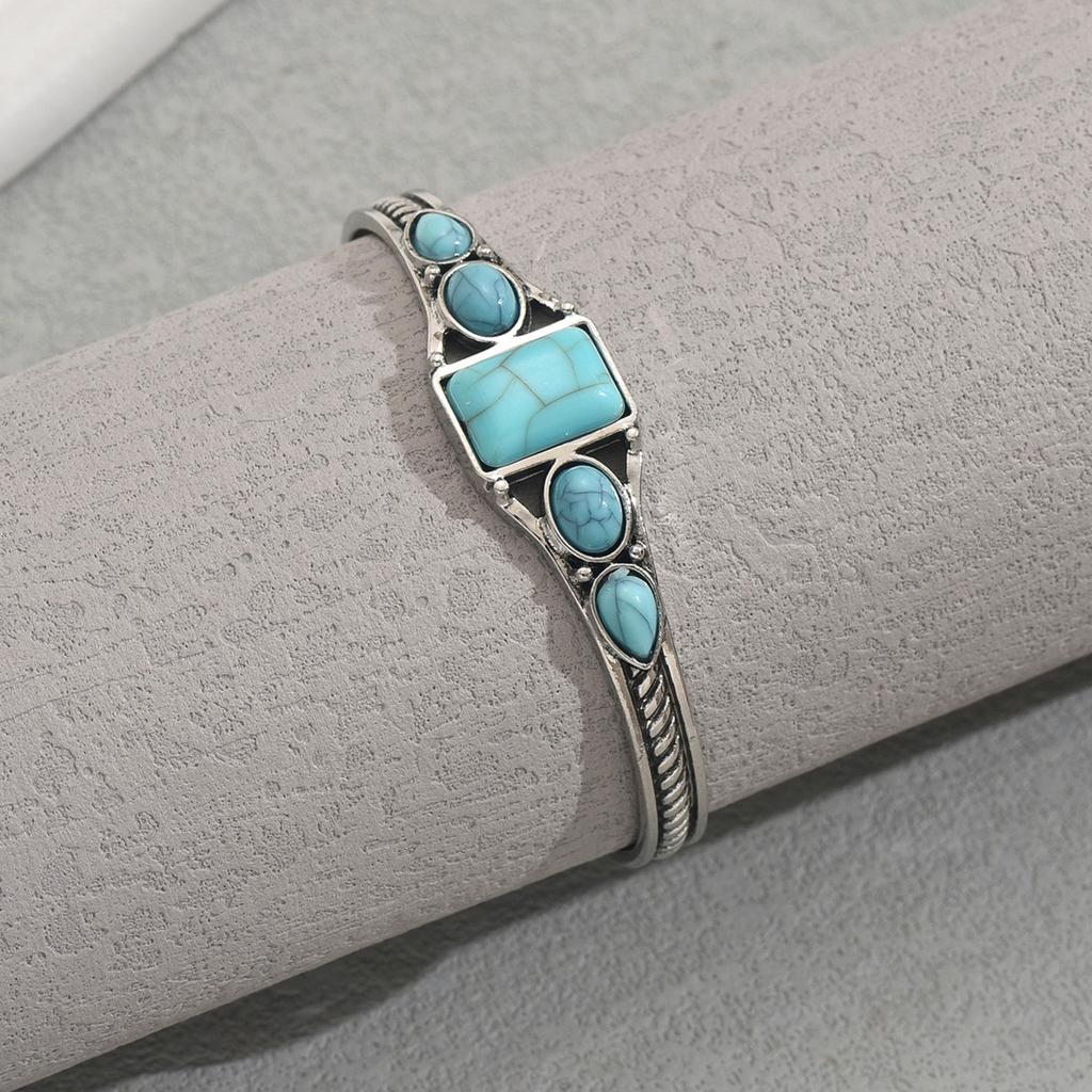 Retro style women's opening adjustable bracelet geometric inlaid turquoise pattern design bracelet jewelry women