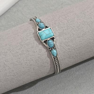 Retro Style Women's Opening Adjustable Bracelet Geometric Inlaid Turquoise Pattern Design Bracelet Jewelry Women