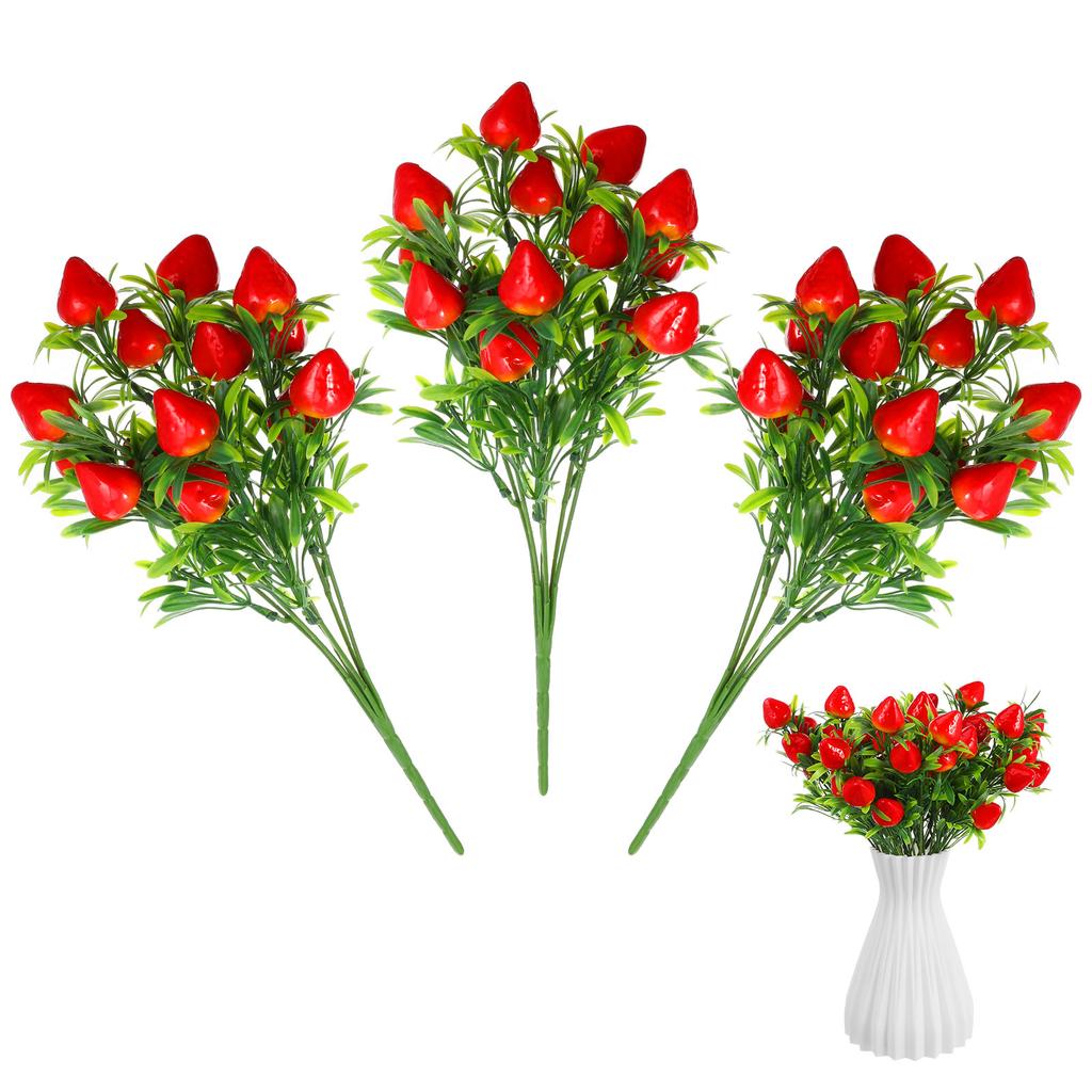 3 Pcs Simulation Strawberry Bouquet Artificial Branch Decor for Holiday Plant Flower Basket Fake Bunches Stem Pvc Plants Adorn