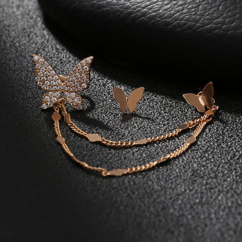 2 Pieces/ Set Exquisite Golden Butterfly Design Shiny Zircon Inlaid Stud Earring & Ear Wrap Delicate Female Earrings