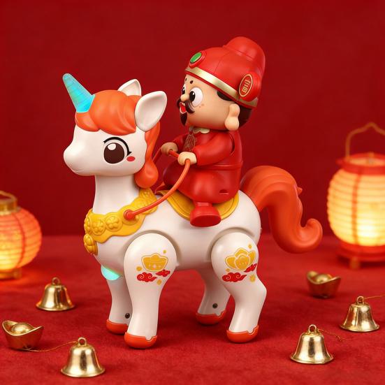 Electric God of Wealth Toy with Music LED Light Cartoon Riding Horse Fortune God Toy with Movable Joints Spring Festival New Year Gift