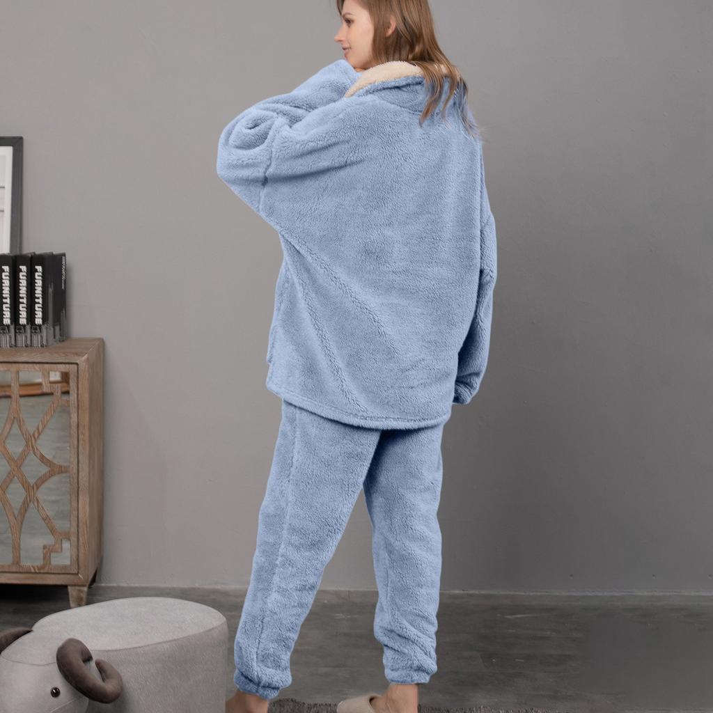 Ladies' Casual And Comfortable Round Neck Warm And Plush Home Clothes Cardigan Sleepwear And Pants Set