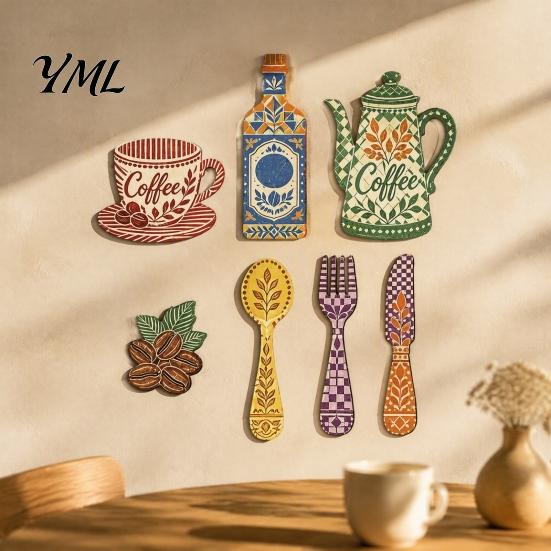Coffee Shop Wall Art 7Pcs Themed Wooden Decor, 2D Flat Farmhouse Kitchen Ornaments Plaques, Country Style for Dining Room Cafe Home Decoration Accents