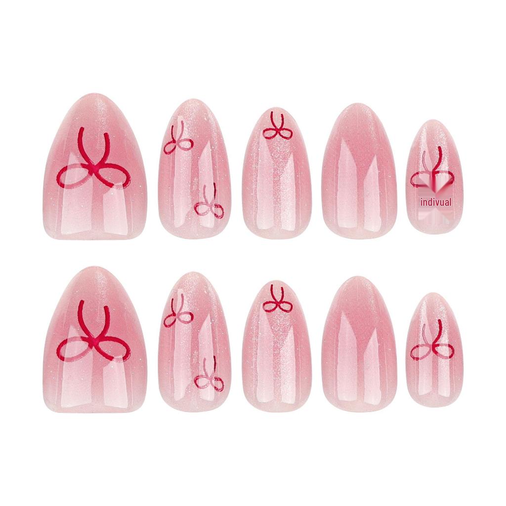 24-Piece Pink Cat Eye Press-On Nails with Bow Design