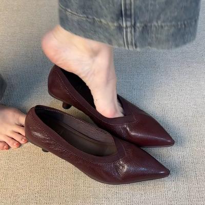 French Retro V-mouth Stiletto Single Shoes Women's Pointed Head Temperament One-pedal Professional Simple High Heels Shallow Single Shoes Women