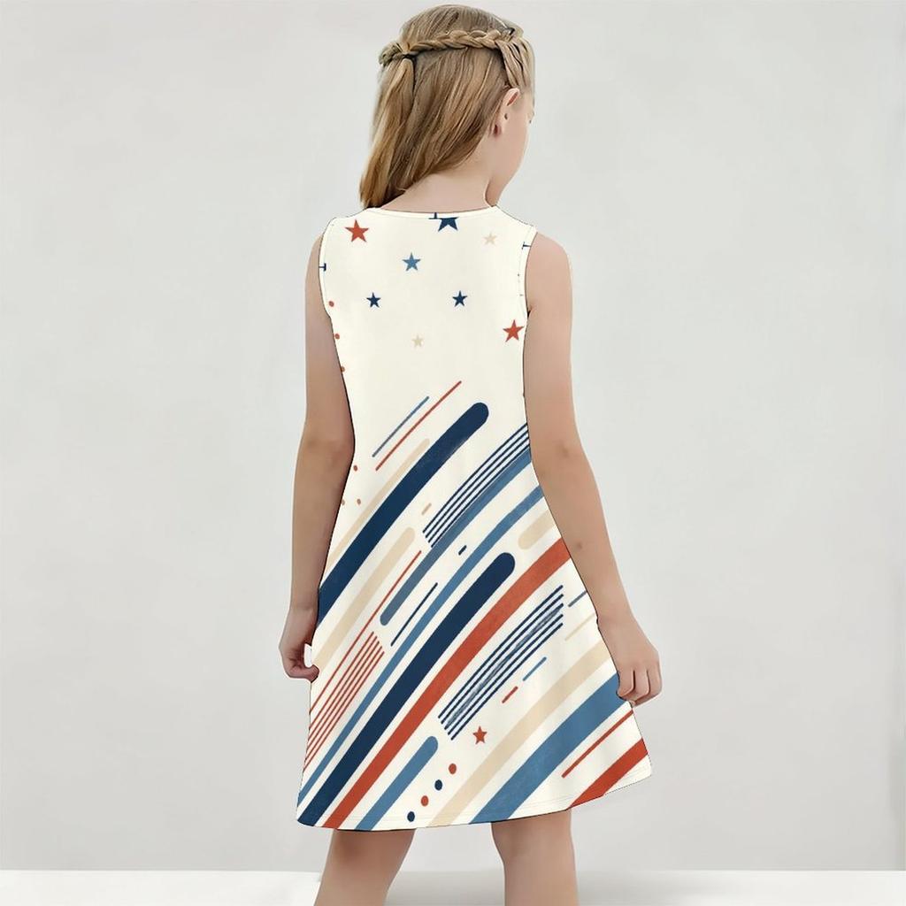 Girls White Round Neck Sleeveless Printed A Line Flared Dress Eagle Star Stripe Design