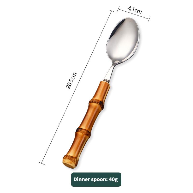 Set de tacâmuri cu mâner din bambus natural, veselă din oțel inoxidabil, tacâmuri de bucătărie, include furculițe, linguri, cuțite și veselă