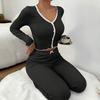 Womens Lace Trim Ribbed Knit Pajamas Set Long Sleeve Crop Top Wide Leg Pants Lounge Set 2 Piece Pjs Sleepwear