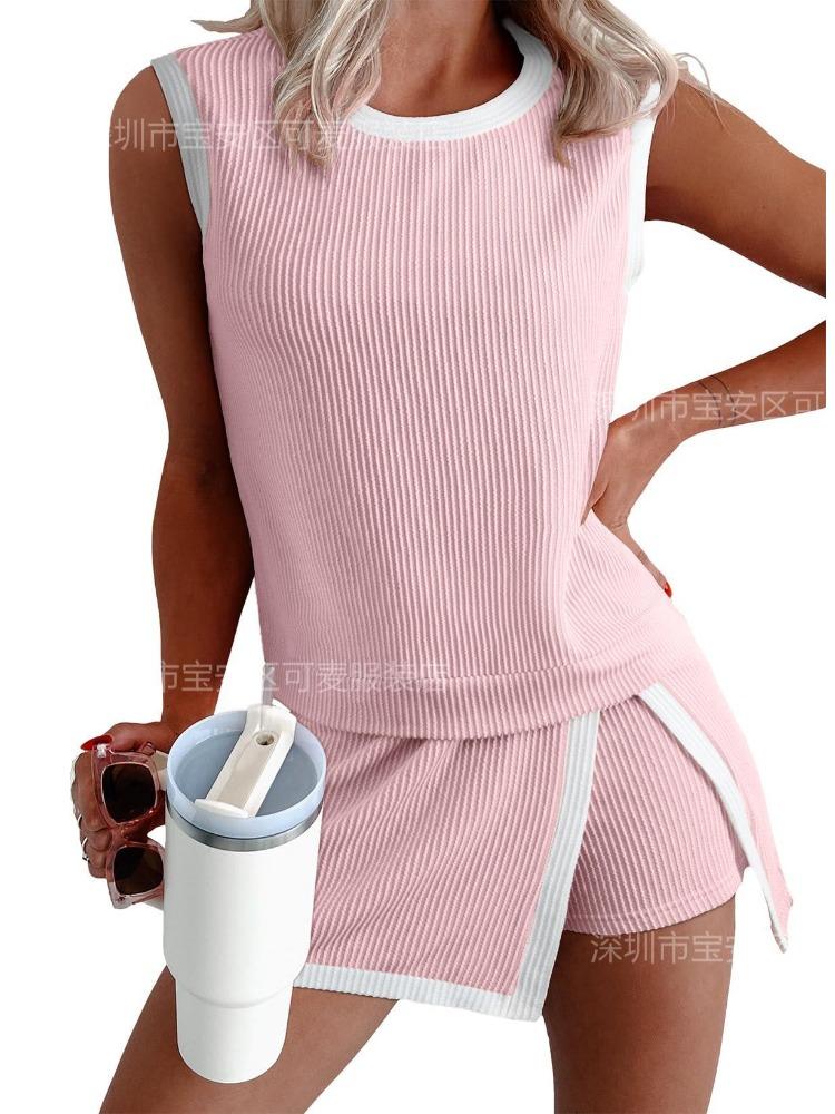 

Women s Sleeveless Crop Top and Shorts Casual Sport Set XXL рожевий