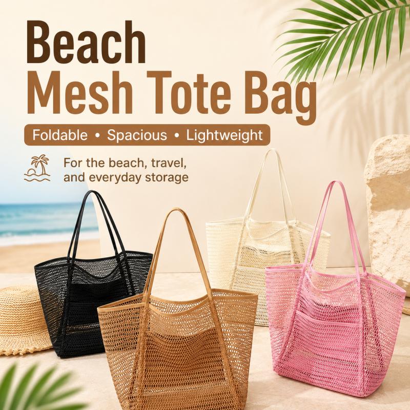 Foldable Mesh Beach Tote Bag Large Capacity Travel Shoulder Handbag With Zipper Pocket For Towels Clothes Cosmetics And Daily Storage