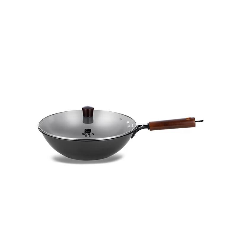 Sanhe 32cm Nitrided Cast Iron Wok with Glass Lid