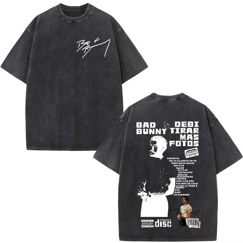 Rapper Bad Bunny Album Cover Washed Vintage T-shirt Debi Tirar Mas Fotos DTMF T Shirts Men Fashion Hip Hop Short Sleeve T-shirts