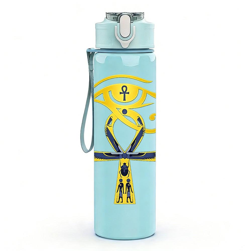 1PC Egyptian Golden Ankh Symbol Print 750ml Color Plastic Sports Water Bottle Leakproof Flip Straw Lid Suitable for Sports Office Home Use