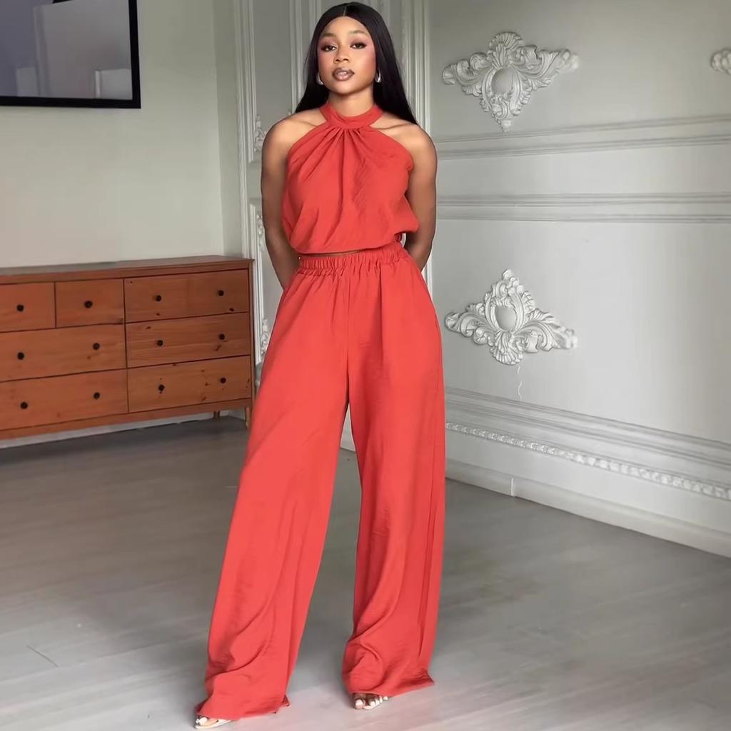 African temperament elegant sleeveless neck red short top new women's clothing high waist trousers European and American fashion suit