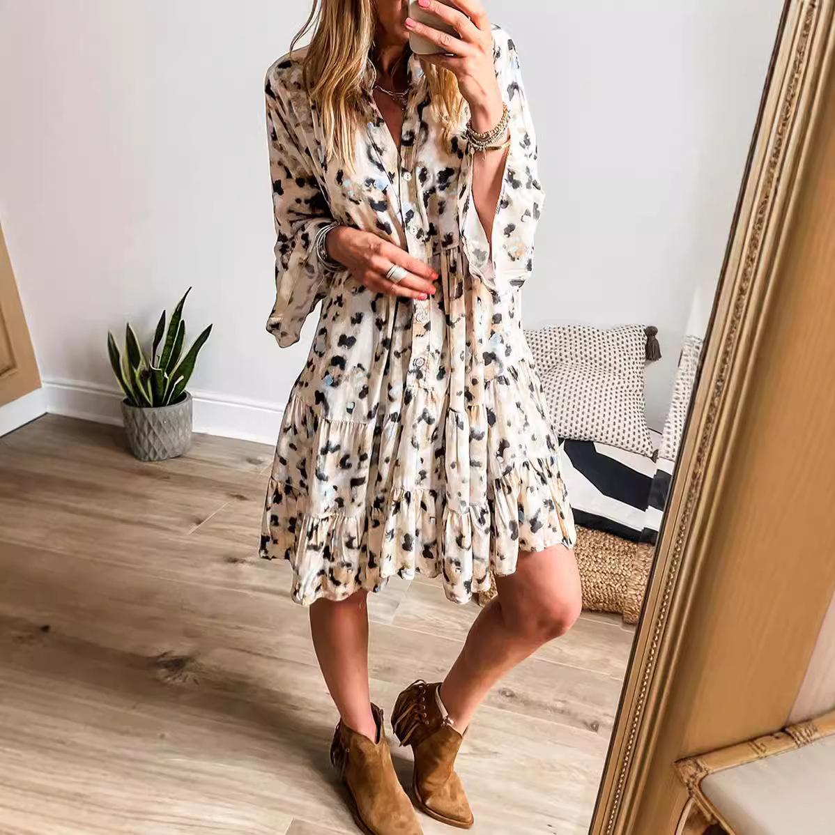 Women s Long Sleeve V-neck Buttoned Loose Floral Short Dress S абрикосовый