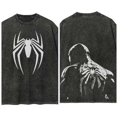 Oversized Acid-Wash Short-Sleeve T-Shirt Featuring Marvel Spider-Man Graphic Print, With White Spider Emblem On Front & Manga-Style Back Illustration
