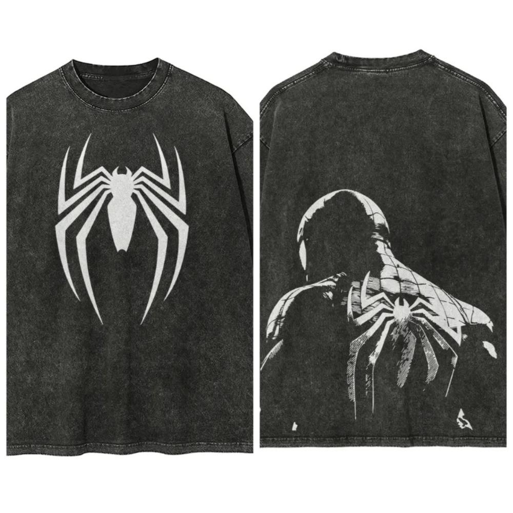

Oversized Acid-Wash Short-Sleeve T-Shirt Featuring Marvel Spider-Man Graphic Print, With White Spider Emblem on Front & Manga-Style Back Illustration L