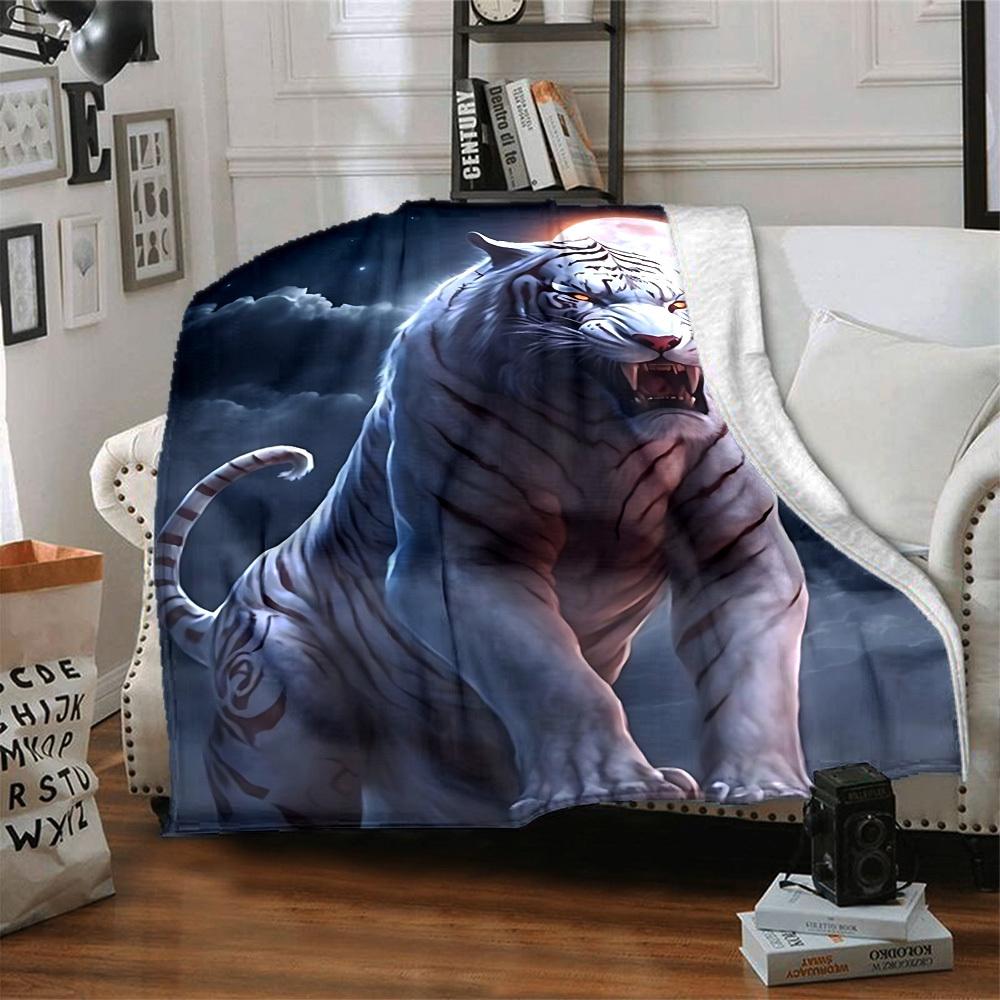 1pc Tiger Moon Night Print Blanket - Lightweight Flannel Fleece with Digital Printing, Soft Warm for Sofa, Travel, Camping, Office yy251018270