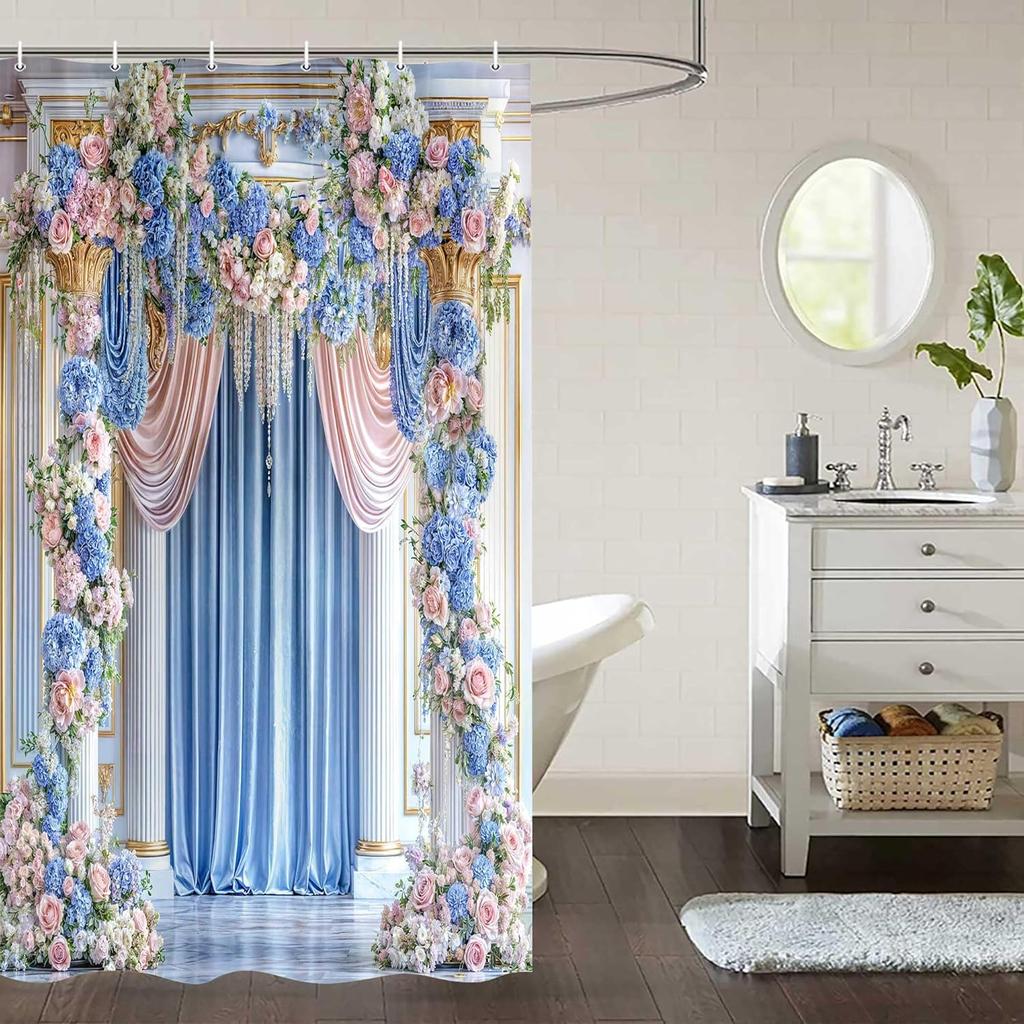 Blue Pink Floral Shower Curtain, Elegant Luxury Bridal Shower Curtain For Bathroom Decor, Vintage Navy Blue Rose Flowers Women