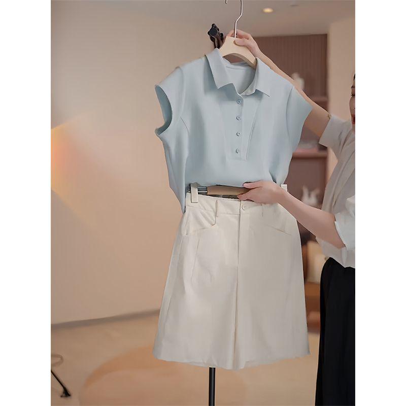 2026 Women's Chic Polo Collar Set: Stylish Solid Color Short Sleeve T-shirt for Summer Commutes