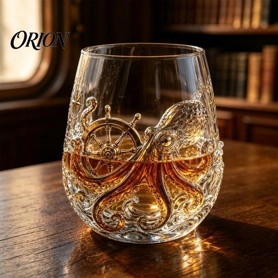 Gifts for Whiskey Lovers Octopus Pirate Glass, Sea Creature Tentacle Engraved Tumbler, Embossed Nautical Theme Wine Glass Rocks Rum Bourbon,