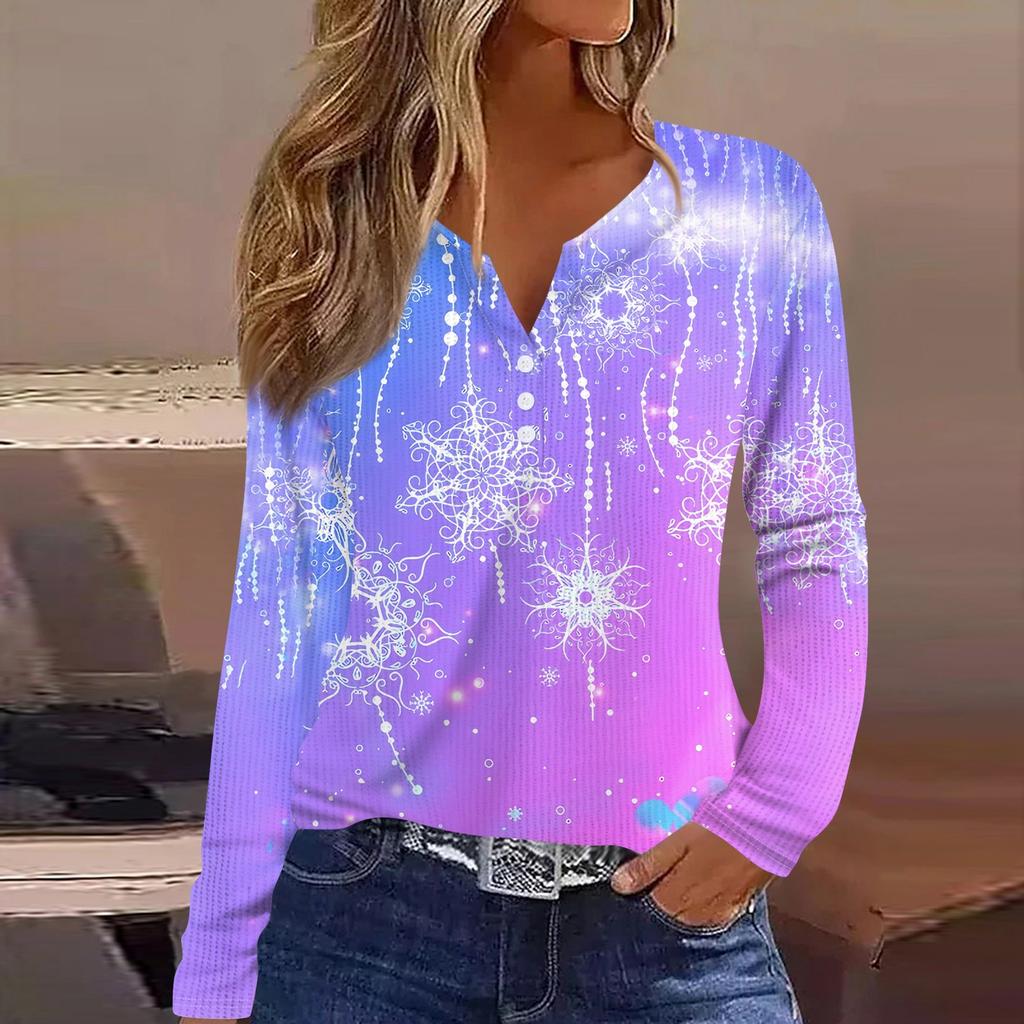 Dam T-shirt Tee Tryck Knapp Långärmad Stickad Tröja Vardag Weekend Mode Basic V-ringad Normal Topp