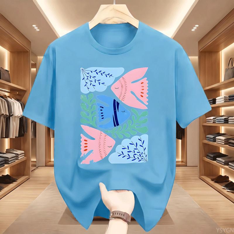 Feng Shui Minimalist Cartoon Printed Tshirt Unisex Unisex Flower Fish Loose Tshirt Casual Cotton Short Sleeved T Shirt Unisex Tops