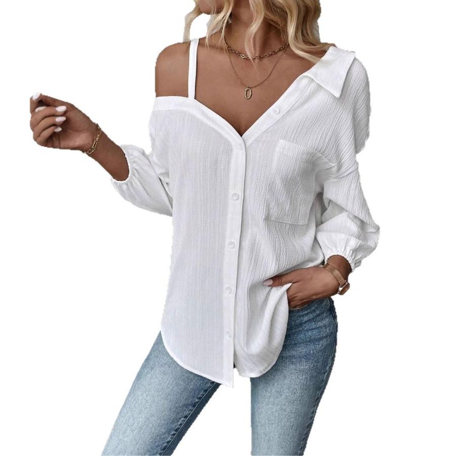 Spring Summer Open Collar 7/8 Sleeve Mesh Texture Button-Down Casual Shirt