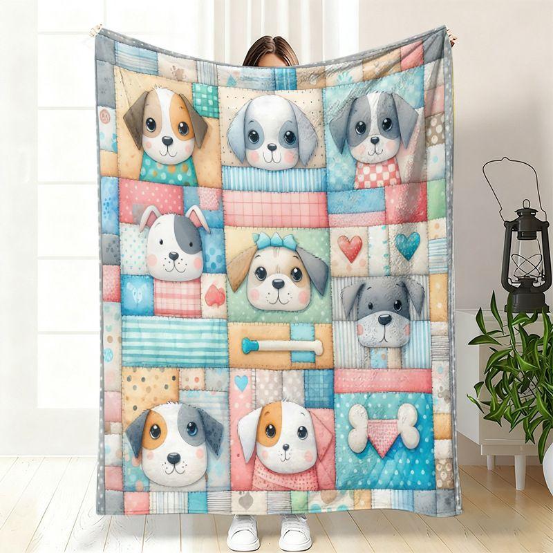 VIKAMA Patchwork Puppy Dog Flannel Throw Blanket Cute Dog Grid Collar Plaid Print Soft Warm Sofa Bedroom Home Decor