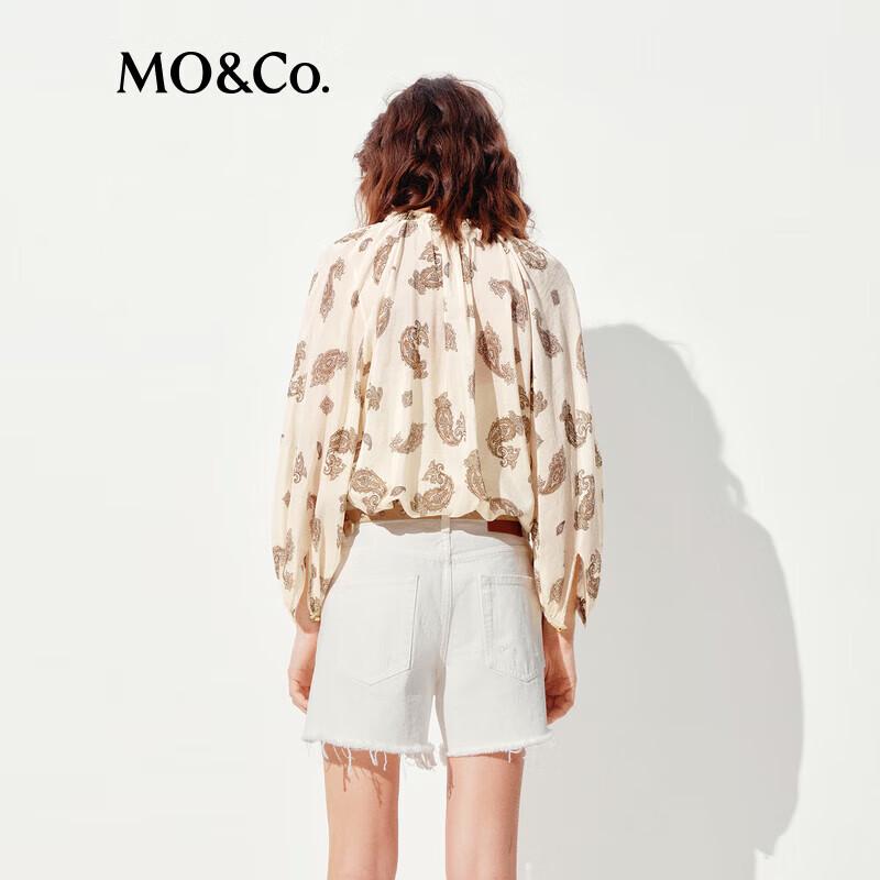 MO&Co. 5A+ Mulberry Silk Blend Paisley Print Puff Sleeve V-Neck Top