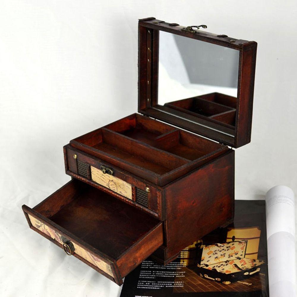 Intricate Carved Retro Distressed Storage Box Creative Dressing Box Wooden Treasure Box  Rings