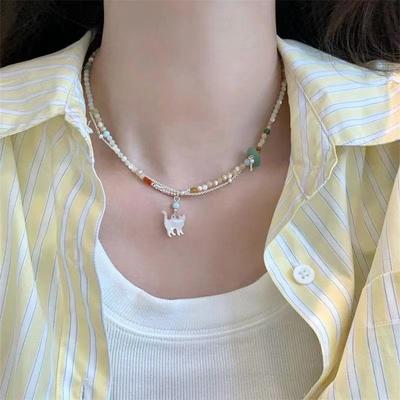 Trendy Cute Colorful Bead Cat Pendant Necklace for Women Girl Retro Cat Star Rope Braided Necklace Aesthetic Y2K Jewelry Gifts