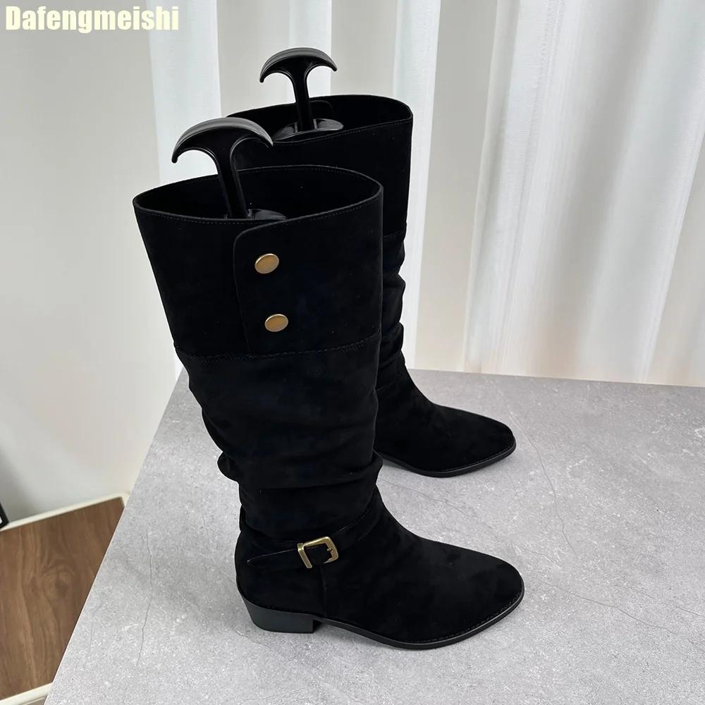 2025 New Winter Thick Heel Boots Women Western Cowboy Pointed Toe Black/khaki Suede Knee-High Boots Turned-Over Edge Boots