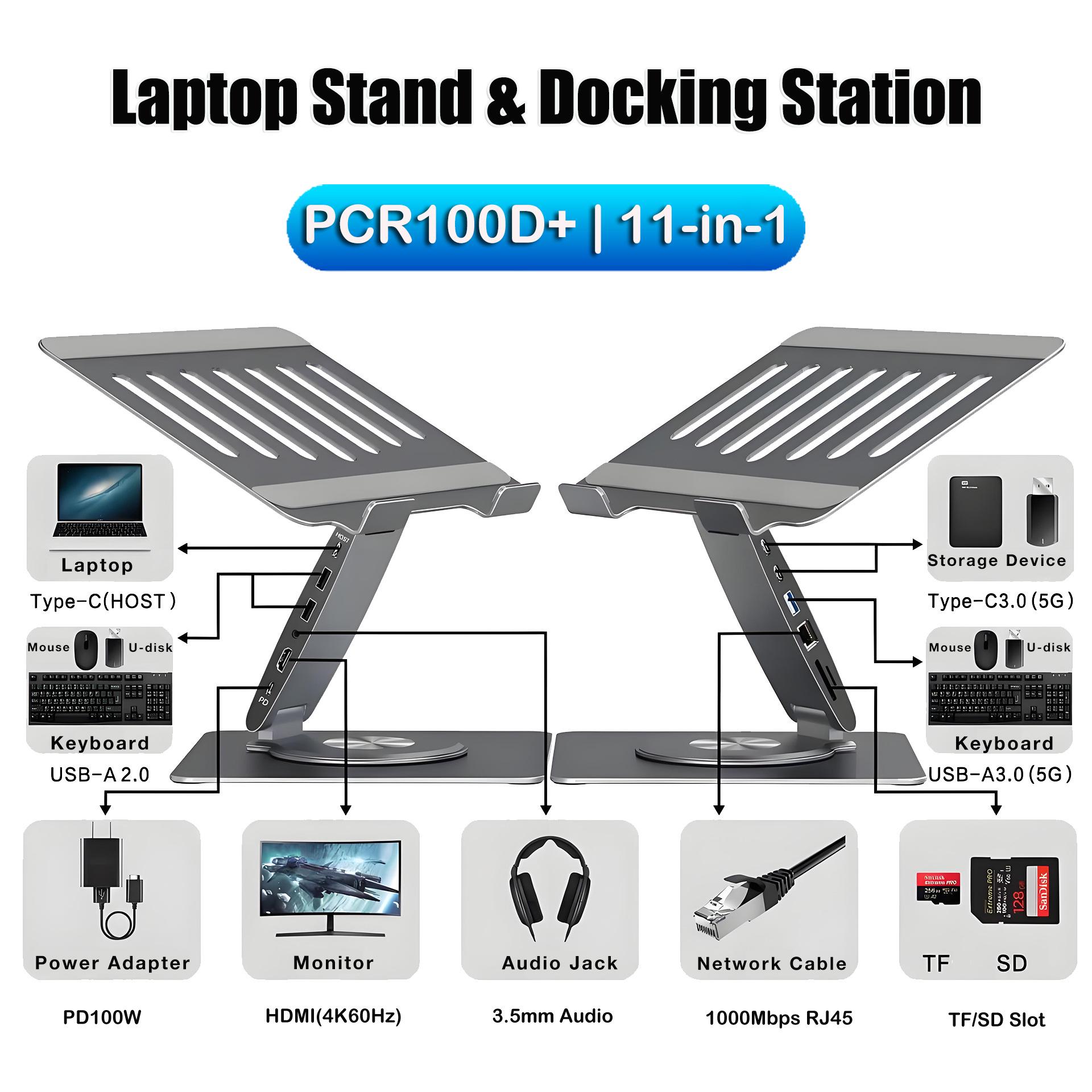 ORIGINNEO Rotating Laptop Cooling Pad with 12-Port Dock and Adjustable Height