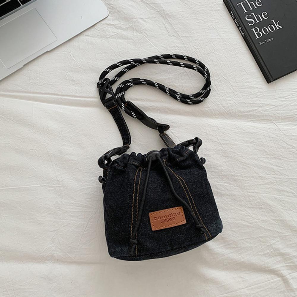 Large Capacity Drawstring Crossbody Bag Solid Color Jeans Shoulder Bag Denim Canvas Bag  Women