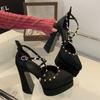 Fashion Laufsteg Stil Mode Nieten Satin Mary Janes Damen Pumps Sexy 15CM Ultra Hohe Absätze Plateau Wedges Frühling Sommer Partyschuhe