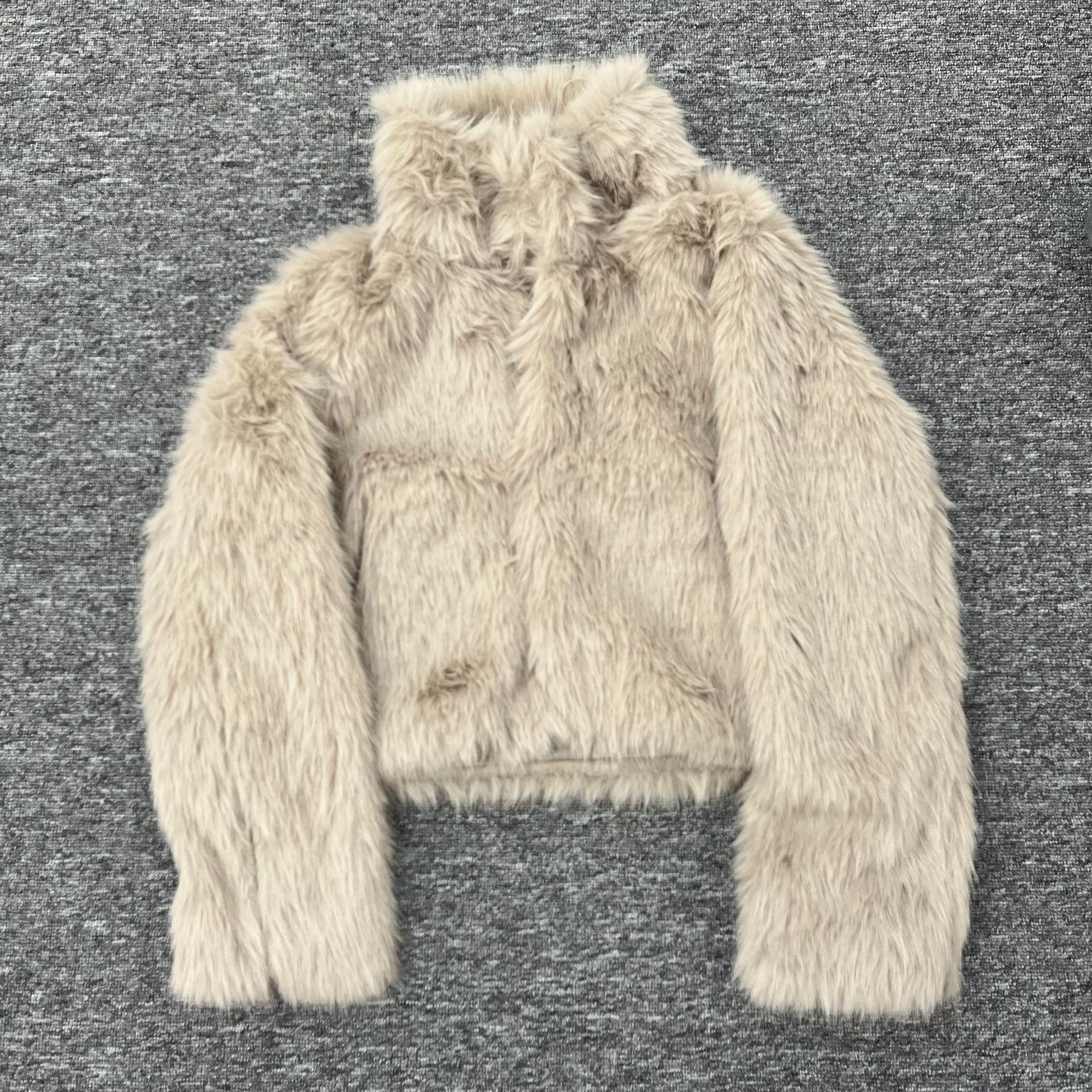 

2024 Autumn/Winter Women s Faux Fur Stand-Up Collar Short Coat L хаки