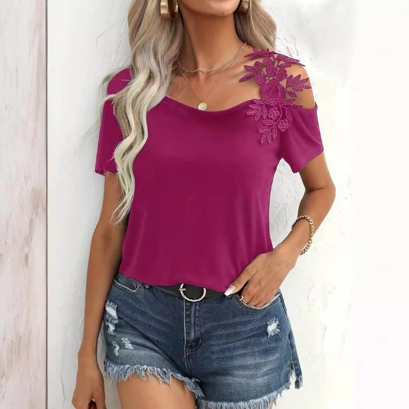 Ladies Summer New Solid Colour Splicing Fashion Lace T-Shirt Top