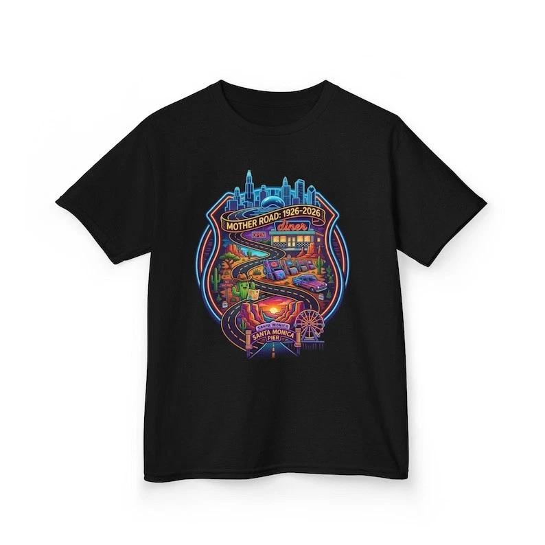 Route 66 100th Anniversary Kids T-Shirt Design - Mother Road 1926-2026 Neon Road XXXL