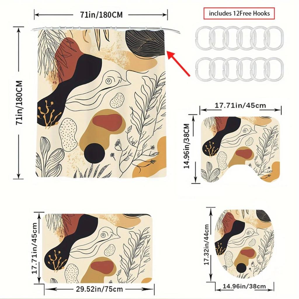 4pcs Fashionable and simple Unique Abstract Art High Quality Shower Curtain and Non-Slip Absorbent Bath Mat Set for Modern