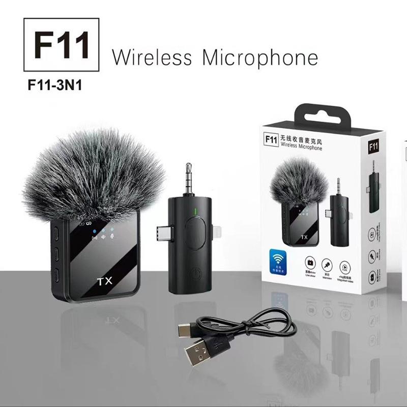 F11-2 F15 3-in-1 Wireless Lavalier Microphone Dual Mic Noise Cancellation Mini Clip-On for iPhone Android Live Streaming Vlog