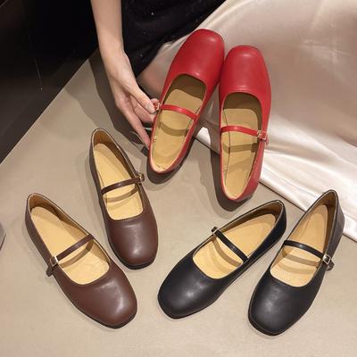 Chaussures Mary Jane pour femmes à bout carré de style rétro tendance, élégantes ballerines plates peu profondes pour robe, chaussures en cuir pour dames